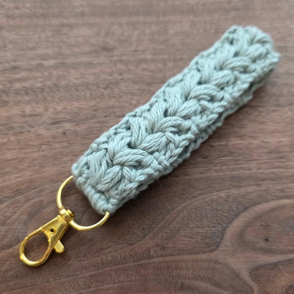 Handmade Crochet Wristlet Key Fob Sage Green Cotton Floral Puff Gold Clasp
